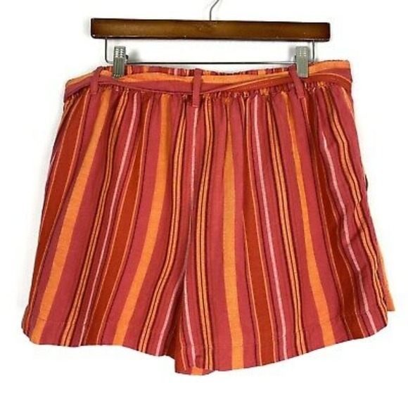 LOFT Womens Orange Striped Linen Blend High Waist Shorts Large‎ Tie Belt Pockets - Picture 5 of 7